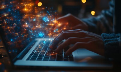  Man typing on laptop, cloud service hologram and devices sync 