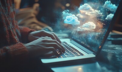  Man typing on laptop, cloud service hologram and devices sync 
