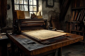 Weathered Artisanal Printing Press Churning Out Ornamental Leather Bound Tomes in Historic Workshop