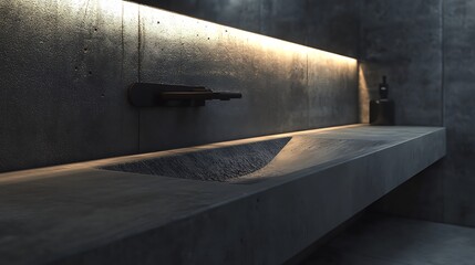  Modern minimalist bathroom sink with concrete countertop and black fixtures. 3D Rendering 