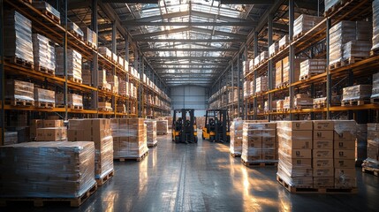 Fototapeta premium Interior of a large warehouse with stacked pallets during golden hour, showcasing organized storage and active forklift operations