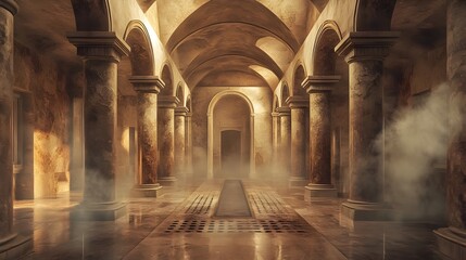 Immersive Glimpse into Ancient Roman Hypocaust Heating System in Ornate Marble Villa Interior