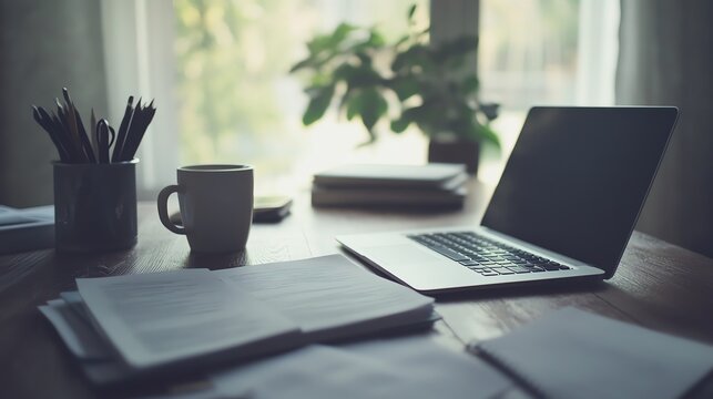 Cozy home office scene with open laptop, papers, coffee cup, and plant, offering a peaceful workspace vibe with natural light.