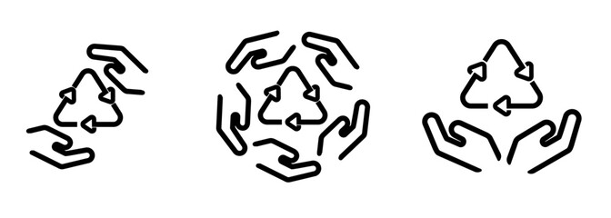 Fototapeta premium Recycling icon set illustration line outline stroke symbol of community garbage waste management service hand taking care trash recycle triangle logo