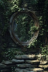 An enchanting mirror surrounded by lush greenery, offering a glimpse into a mystical world, bathed in soft natural light.