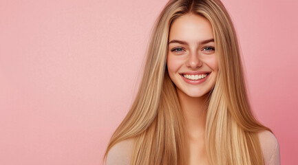 Fototapeta premium Radiant blonde woman with glossy, honey-blonde hair and a warm smile, standing against a light pink background to showcase her straight, flowing hairstyle