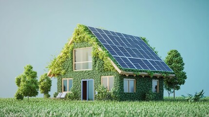 Obraz premium Eco-friendly house with solar panels and greenery, symbolizing sustainable living and renewable energy in a natural environment.