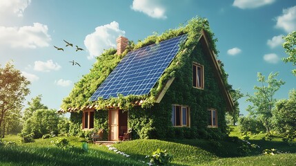 Obraz premium Eco-friendly house with solar panels surrounded by nature. Green energy and sustainable living lifestyle concept.