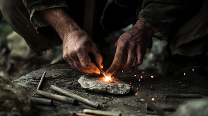 Traditional Flint Knapping by Skilled Craftsman in Rustic Stone Workshop