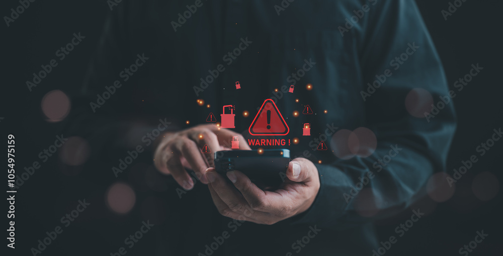 Aufkleber Cyberattack cybercrime hacker smartphone. Internet web hack technology. Digital mobile phone in Scammer hand. Data protection, secured internet access, cybersecurity banner, Stealing data information.