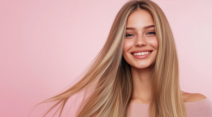 Fototapeta premium Radiant blonde woman with glossy, honey-blonde hair and a warm smile, standing against a light pink background to showcase her straight, flowing hairstyle