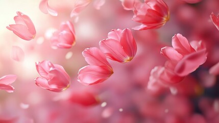 A cascade of pink tulip petals gently swirling in the air on a spring morning.