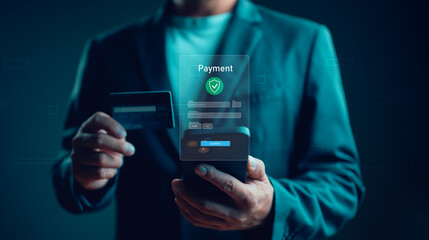 Technology online banking applications via internet network. Financial transaction. Digital online payment concept. Business people using mobile smartphone, online payment, banking, online shopping.