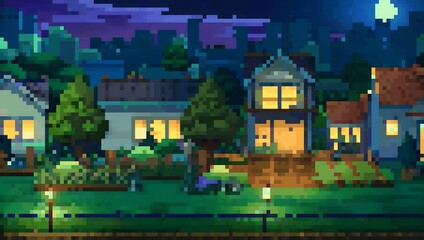 Suburban neighborhood with gardens at night pixel art background. 8-bit game assets