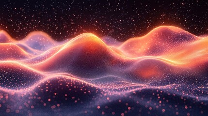 Surreal landscape of glowing waves in vibrant colors, showcasing a cosmic atmosphere with shimmering particles at night