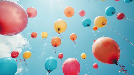 Colorful balloons drift across a blue sky, creating a cheerful and festive atmosphere perfect for celebrations and events.