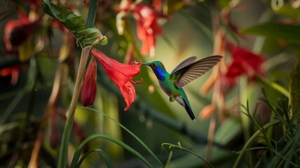 Hummingbird in flight collecting nectar from a red and yellow flower against jungle background