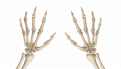 Human skeleton hands, white isolate background.
