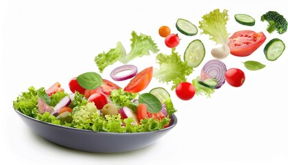Fresh salad ingredients flying from a bowl, white isolated background.