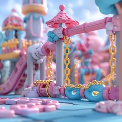 Colorful playground equipment in pastel shades, featuring slides and chains, set against a vibrant, dreamy background.