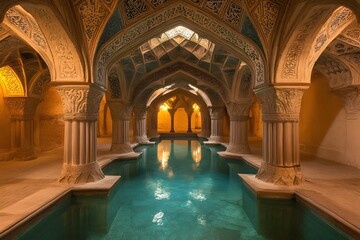 Mystical Underground Qanat Aqueduct with Ornate Vaulted Ceilings and Crystal Clear Pools