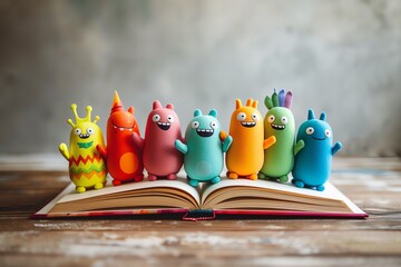 Colorful toys arranged on an open book, showcasing creativity and fun in a playful setting.