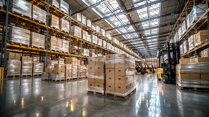 Organized warehouse filled with stacked boxes and forklifts at a logistics center in the early afternoon light