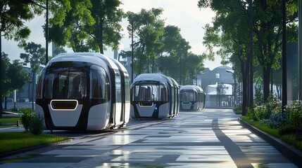 Obraz premium Futuristic autonomous buses on a sunny street, surrounded by lush green trees, showcasing modern eco-friendly public transportation.