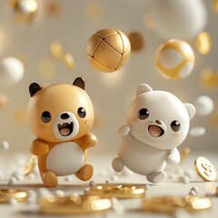Cute animated bears with playful expressions enjoying a whimsical golden scene filled with cheerful elements.