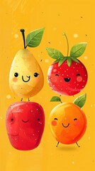 Cute cartoon fruits with smiling faces, perfect for children's designs and playful themes. Bright colors and joyful expressions shine.