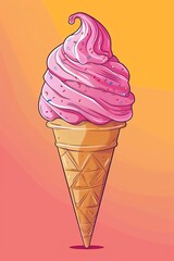 Delicious pink ice cream swirl in a cone on a vibrant orange background, perfect for summer treats and desserts.
