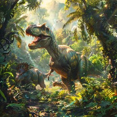 Dramatic scene of dinosaurs in a lush jungle, showcasing the majesty of these prehistoric creatures among vibrant greenery.