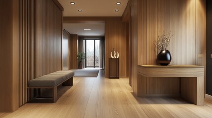 A contemporary wooden entrance hallway with a minimalist design, featuring a sleek furniture