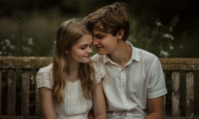 Fototapeta premium A young couple sitting on a bench looking at each other. AI.
