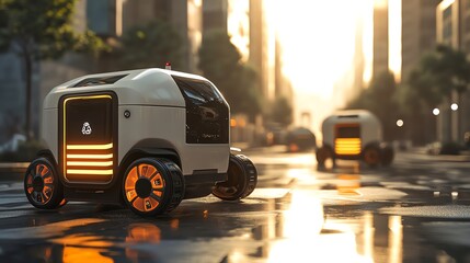 Futuristic delivery robots on city streets at sunset, showcasing innovative technology and modern urban life.