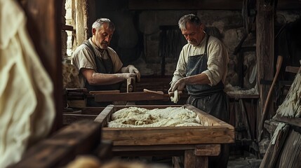 Traditional Flax Processing for Linen Production in a Rustic Countryside Workshop