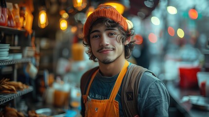a cinematic portrait, chef works at a restaurant