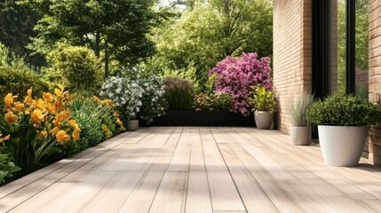 Fototapeta premium A cozy terrace with light wood flooring, enhanced by plants and flowers along the wall