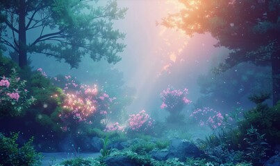 Fototapeta premium A misty forest with pink flowers blooming. AI.