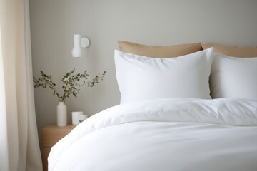 Comfortable modern minimalist bedroom with white linens and beige pillows