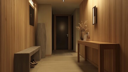A cozy wooden entrance hallway with a modern design, featuring a sleek furniture desk