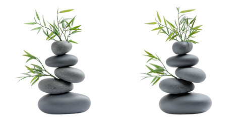 Set of A stacked grey stones with bamboo leaves, on a transparent background cutout
