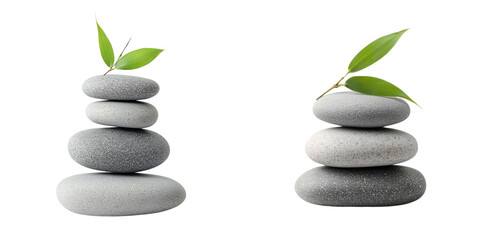 Fototapeta premium Set of A stacked grey stones with bamboo leaves, on a transparent background cutout