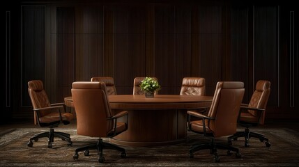 Modern boardroom with a wooden table and stylish chairs in an elegant setting.