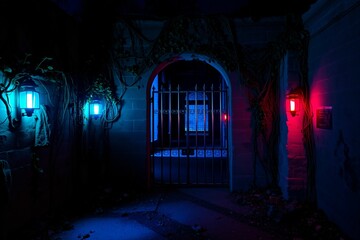 Mysterious Ancient Ruin with Iron Gate and Eerie Lighting.generative AI
