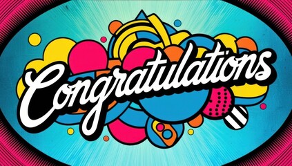Fototapeta premium Pop-art design with the word Congratulations in bold cursive lettering. The background is filled with playful, colorful geometric shape