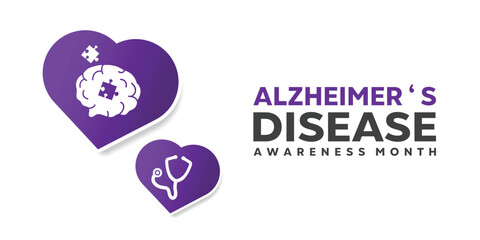 National Alzheimers Disease Awareness Month. Heart, brain, jigsaw and stesthoscope. Great for cards, banners, posters, social media and more. White background.