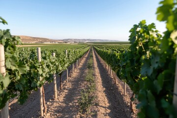 Rows of grapevines growing in vineyard on a sunny day