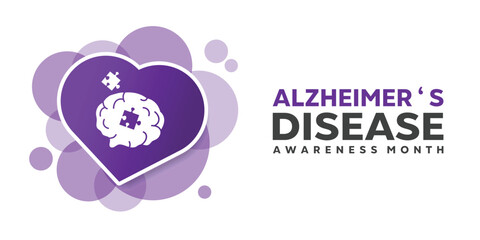 National Alzheimers Disease Awareness Month. Heart, brain and jigsaw. Great for cards, banners, posters, social media and more. White background.