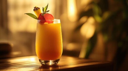 A glass of tropical fruit juice, artistically garnished and illuminated with warm, realistic